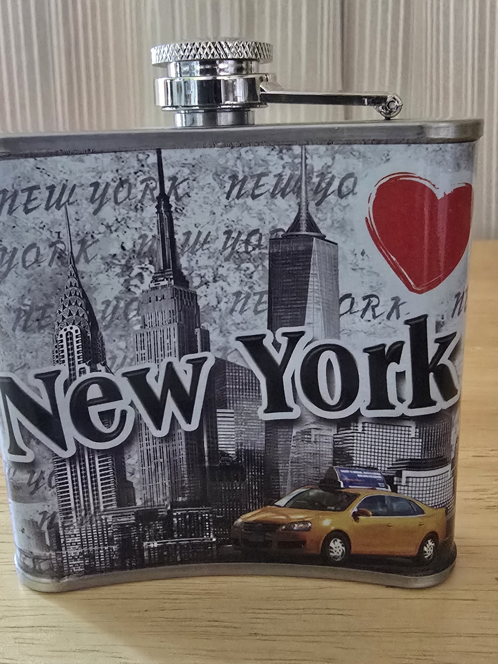 New York Skyline Hip Flask with Red Heart and Yellow Taxi